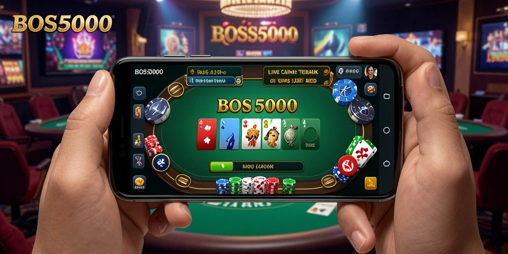 Screenshot Bos5000 menampilkan dealer profesional di meja permainan Live Casino.
