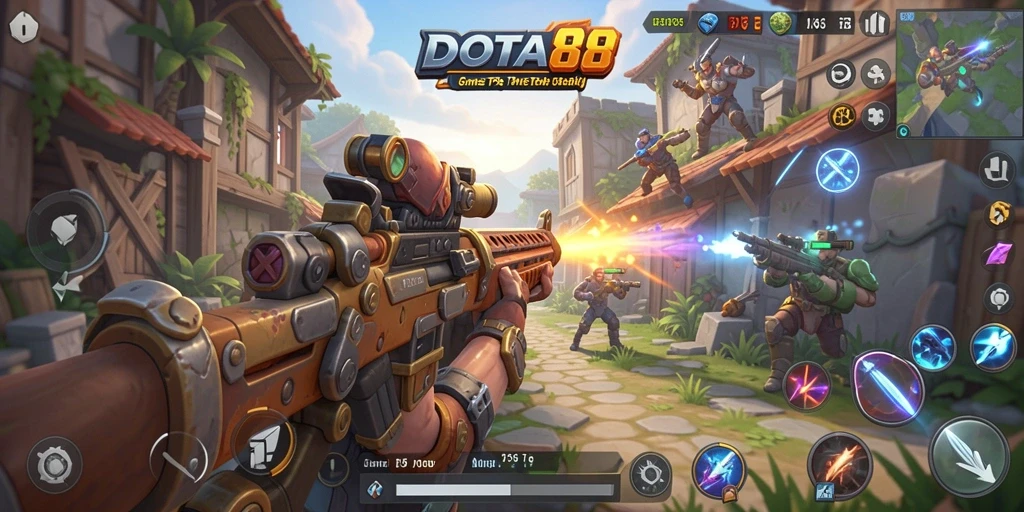 Tangkapan layar gameplay dari DOTA88 menunjukkan aksi tembak-menembak yang intens.