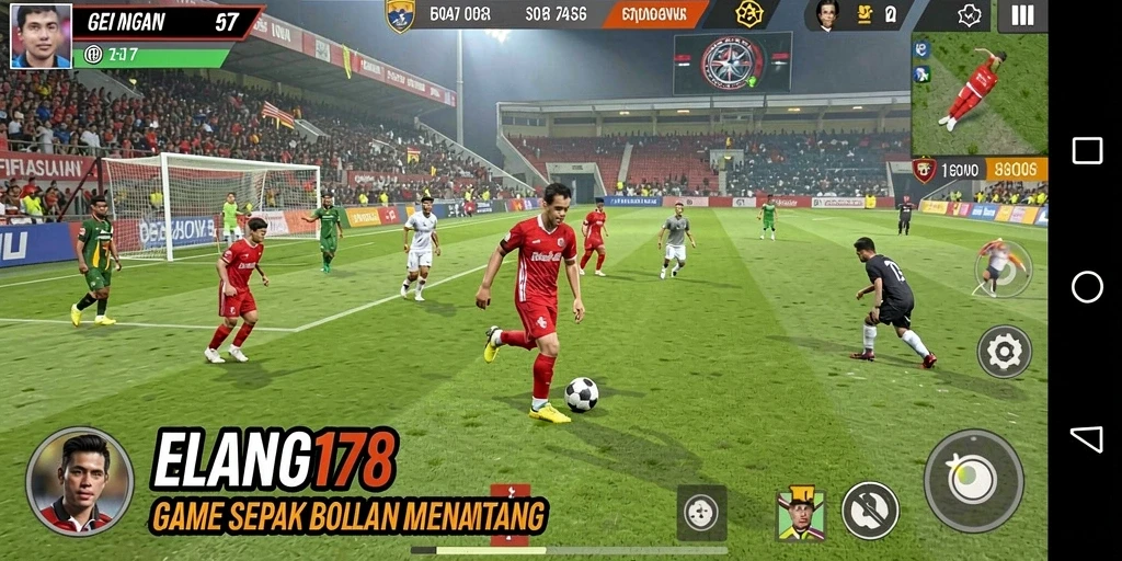 Screenshot gameplay ELANG178 yang menampilkan aksi sepak bola yang intens.