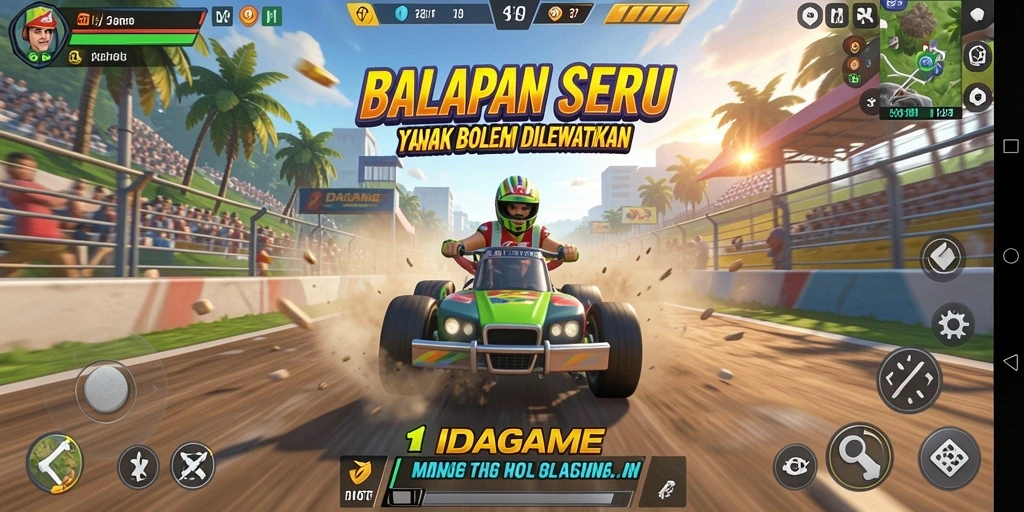 Screenshot gameplay IDAGAME menampilkan aksi balapan yang mendebarkan.