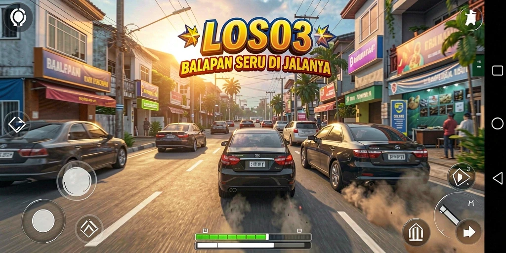 Screenshot LOS303 menampilkan aksi balapan mendebarkan dengan mobil yang melaju cepat.