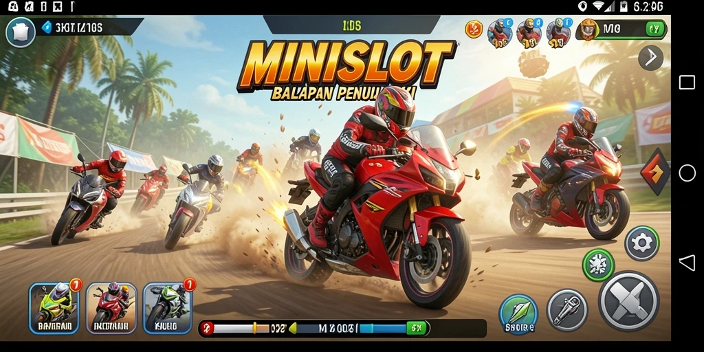Screenshot gameplay MINISLOT yang menampilkan aksi balapan motor yang seru dan penuh adrenalin.
