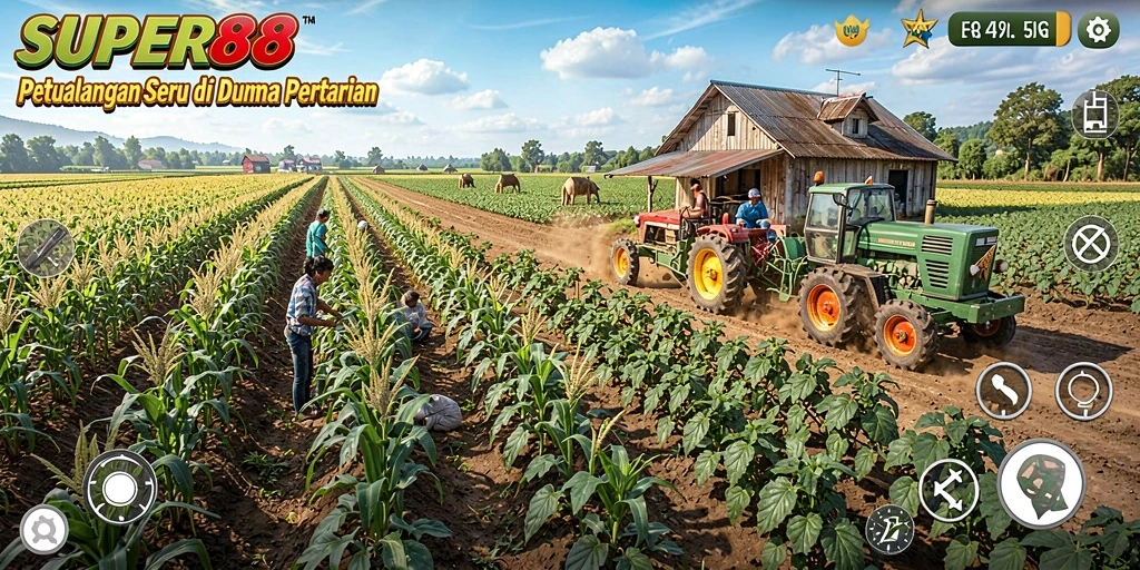 Screenshot gameplay dari SUPER88 menampilkan ladang hijau yang subur.